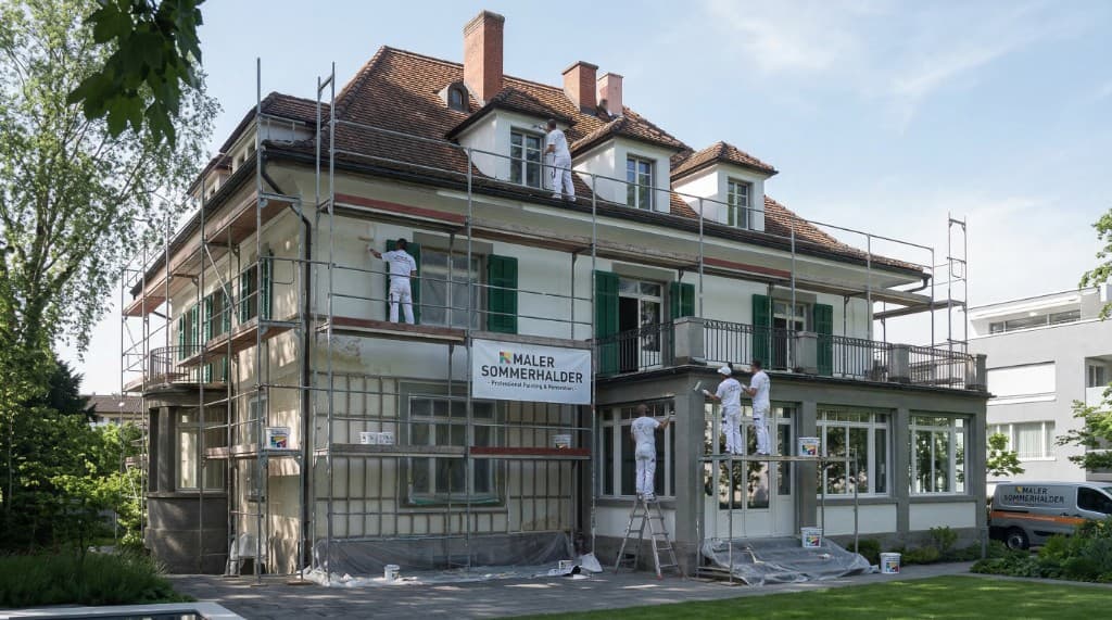 Maler Sommerhalder — Team bei Fassaden- und Malerarbeiten an einem Einfamilienhaus